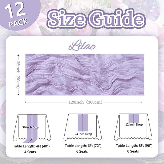 12 Pack Lilac Purple Cheesecloth Table Runner 10ft Boho Gauze Fabric Cheese Cloth Table Runner 35 x 120 Inch Rustic Sheer for Romantic Wedding Decor Baby Shower Party Table Centerpiece Decoration