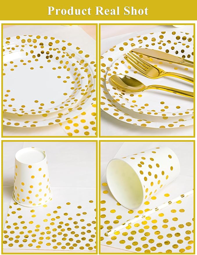 141 Pieces White Gold Party Supplies, Party Dinnerware Sets Include Paper Plates Napkins Cups Silverware, for Wedding Bridal Shower Engagement Birthday Parties Decoration -20 Serves