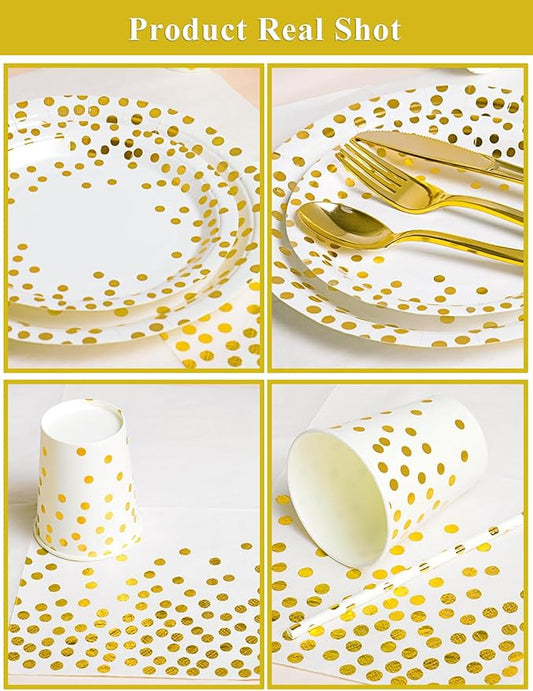 141 Pieces White Gold Party Supplies, Party Dinnerware Sets Include Paper Plates Napkins Cups Silverware, for Wedding Bridal Shower Engagement Birthday Parties Decoration -20 Serves