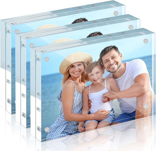 HOUSE DAY Acrylic Picture Frames 5x7, 3 Pack Magnetic 5x7 Picture Frame, Double Sided Clear 5 x 7 Photo Frame with Microfiber Cloth, Frameless FreeStanding 5x7 Frame Gift for Desktop Display