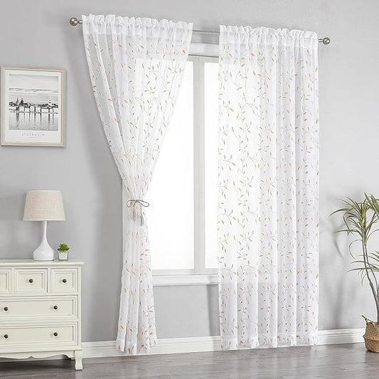 VISIONTEX White Sheer Voile Curtains, Decorative Orange Leaves Embroidery Faux Linen Rod Pocket Window Drapes for Home Kitchen, Living Room and Bedroom 54 x 95 Inch, Set of 2 Curtain Panels