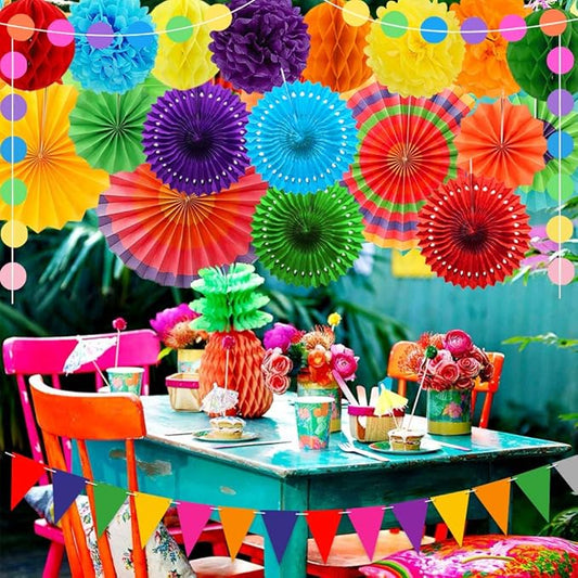 Colorful Birthday Decorations - Mexican Fiesta Party Decorations with Paper Fans, Paper Pom Poms,Dots Garland, Pennant Banner, Honeycomb Balls Packs