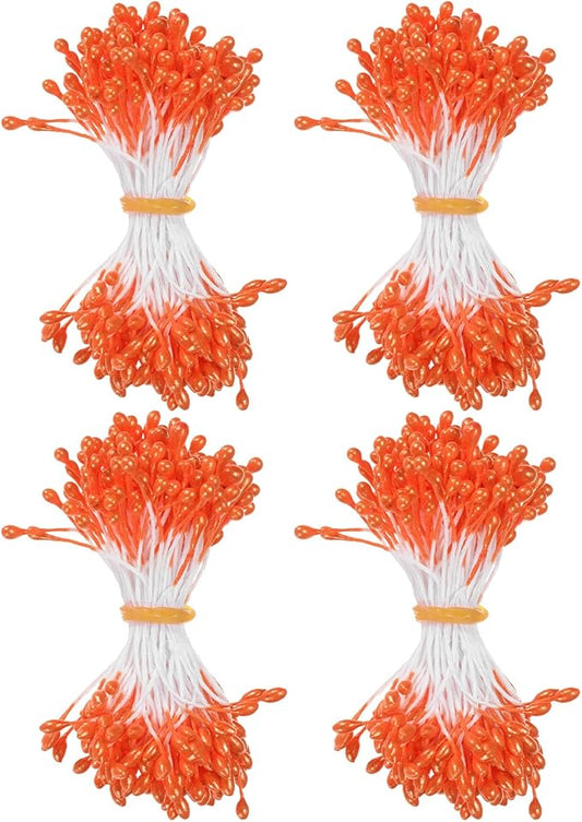 600-Pack Flower Stamens for Crafts, 5mm Double Heads Artificial Pearl Floral Pistil Mini Flower Pollens Stamens for DIY Making/Wedding/Scrapbook Decoration [Orange]