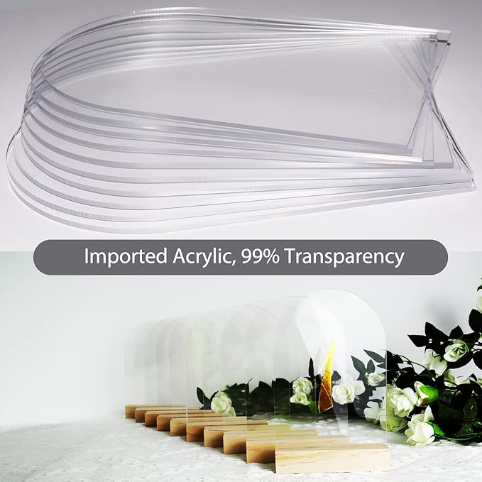 Clear Acrylic Sign with Wooden Stand Table Numbers DIY, 10 Pack Acrylic Sheets Table Signs for Wedding, 4x6 Inch Arch Signs Blank for Restaurant Party Bridal Shower (No printing included)