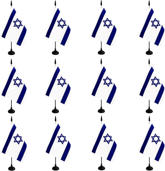 Israel Desk Flag, 12 Pack Israeli Table Office Flag with Black Solid Pole and Stand Base, International Country Flag, Festival Celebration, Classroom Meeting Desktop Decor (Israel)