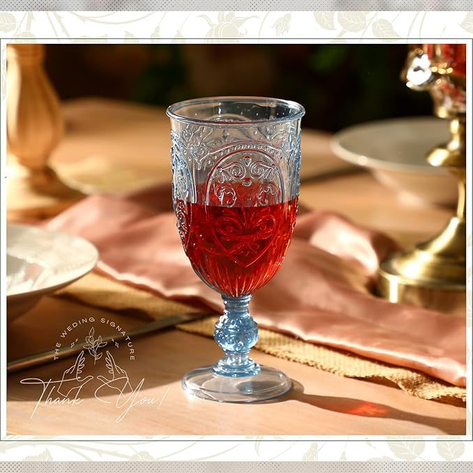36 Pack Plastic Goblets 10oz Upgrade Vintage Water Goblet Plastic Wine Glasses Colored Retro Embossed Glassware for Party Wine Bar Juice Baby Shower Wedding Reception Grand (Blue)