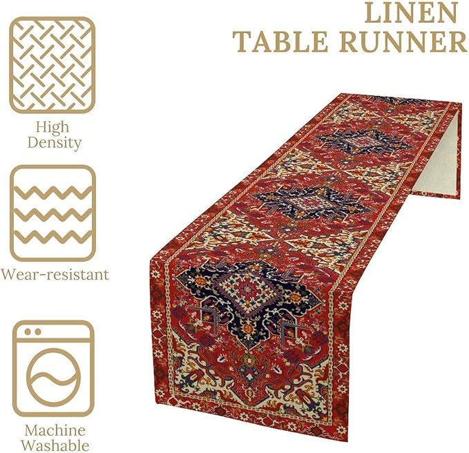 Boho Old French Table Runner, Vintage Red Beige Retro Flower Rustic Country Style Floral Print Pattern for Home Kitchen Table Decor Dining Coffee Room Garden Party Decor 13x72in