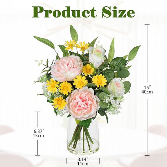 Briful Artificial Flowers in Vase, Mixed White Rose Pink Peony Yellow Daisy and Greenery Leaf Floral Arrangements, Fake Flowers in Glass Vase with Faux Water, Home Wedding Patio Centerpiece Decor