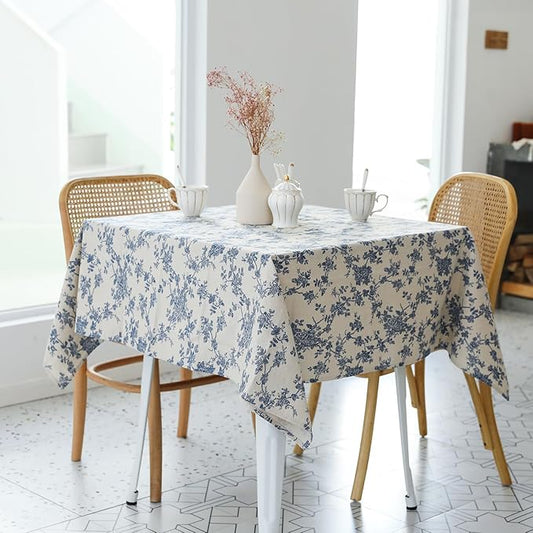 Pastoral Square Tablecloth - 60 x 60 Inch - Beige Linen Table Cloth - Washable Table Cover with Dust-Proof Wrinkle Resistant for Restaurant, Picnic, Indoor and Outdoor Dining, Floral (Dark Blue)
