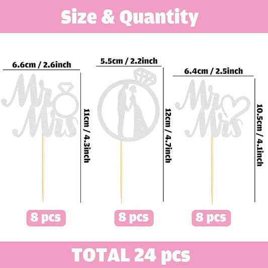 Sotpot 24PCS Miss to Mrs Cupcake Toppers with Ring Silver Glitter for Wedding Bridal Shower Wedding Engagement Party Cake Decorations