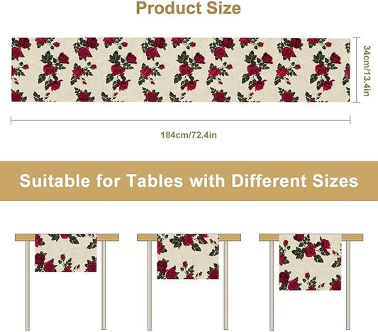 Vintage Rose Table Runner, Red Flowers Green Leaves Valentine's Day Table Runner for Kitchen Dinning Table Runner Decor Home Wedding Party Holiday, 13x36 Inch