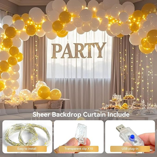 10×10ft Tulle Backdrop Curtains with Lights String - 300LED Fairy Lights Sheer Curtain Backdrop for Weddings Baby Shower and Birthday Party Decorations(6 Panels 5×10ft)