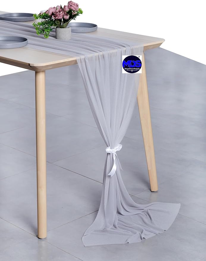 MDS 15 Pack 10ft Chiffon Table Runner 29 x 120 Inches Sheer Wedding Runner Romantic Rustic Table Runner for Wedding Decorations, Birthday Parties, Bridal Shower Party Arch Decor - Cool Gray
