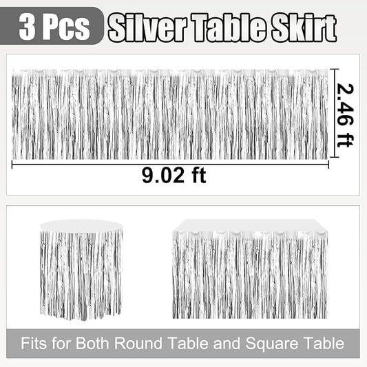 3 Pack 29 x108 Inch Silver Foil Fringe Table Skirts Metallic Banner for Tinsel Streamer Garland Backdrop for Parade Floats Wedding Thanksgiving Birthday Christmas Halloween New Year Party Decoration