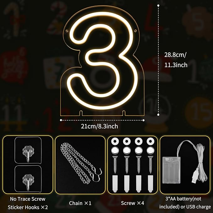 Number 3 LED Neon Sign Backdrop Birthday Party Decoration, 11.3" Height Warm White Marquee Numbers Three Light Up Sign for Wedding Anniversary Window Wall Table, Indoor Battery Operated or USB