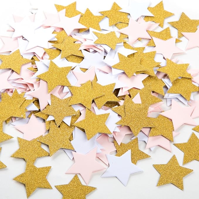 MOWO Glitter Five Stars Confetti Wedding Party Decor and Table Decor, 1.2’’ in Diameter (glitter gold,pink,white,200pc)