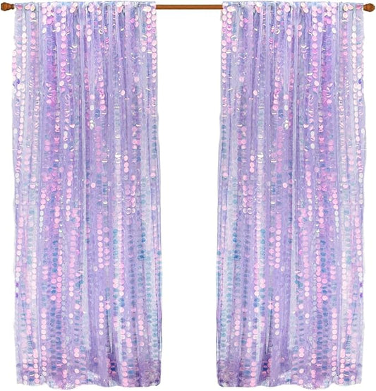 9X9FT Sequin Backdrop Curtains,2 Panels Shimmer Sequin Fabric Photography,Glitter Photo Booth Backdrops Drapes for Christmas Mermaid Party Birthday Cake Table Background Decor-Mermaid Purple