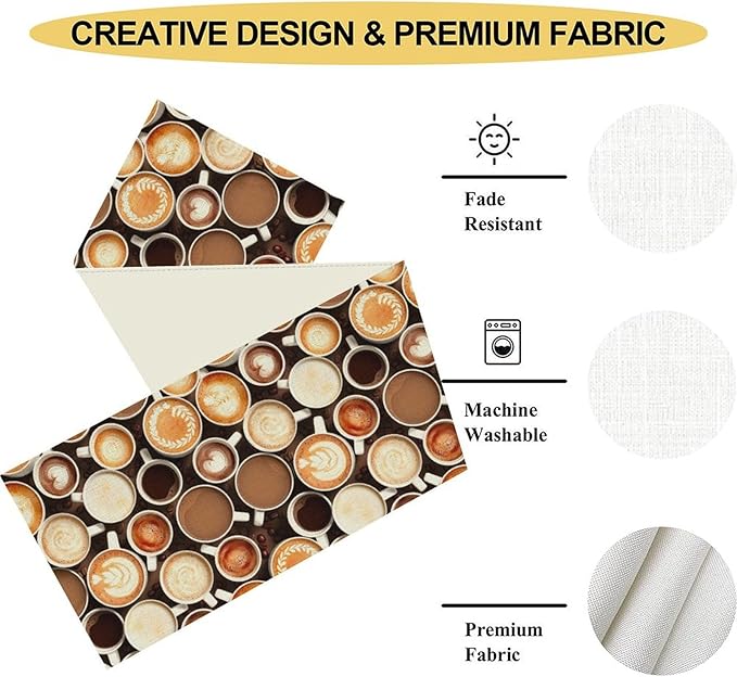 Coffee Theme Table Runner, Farmhouse Coffee Cup Latte Cappuccino Tea Party Rustic Cafe Table Center Decor for Home Kitchen Dining Patio Holiday Party Indoor Outdoor Table Decorations,13"x36" Inch