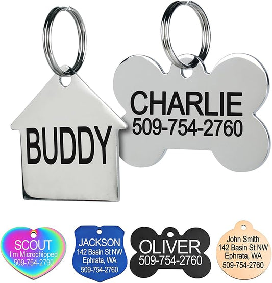 GoTags Stainless Steel Pet ID Tags, Personalized Dog Tags and Cat Tags, up to 8 Lines of Custom Text, Engraved on Both Sides, in Bone, Round, Heart, Bow Tie and More
