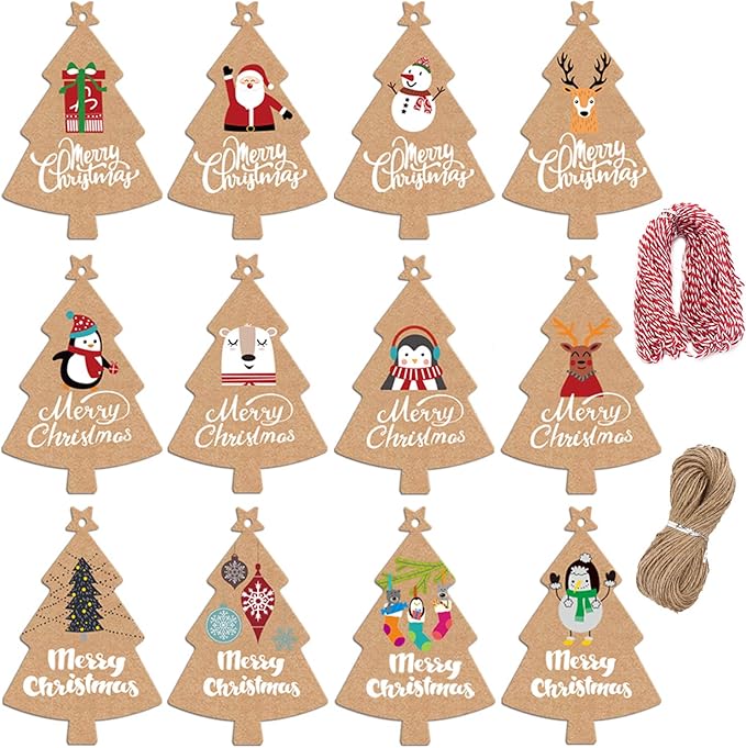 LOKIPA 120 Pieces Christmas Kraft Paper Gift Tags, Xmas Tree Present Hang Labels with 230 Feet Jute Twine Baker Twine for DIY Art Crafts