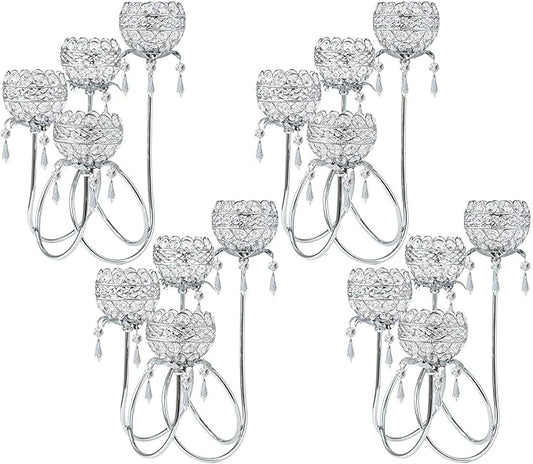 4 Arms Crystal Candelabra Tealight Holder - Tall 15.7 Inch Elegant Centerpiece with Crystal Pendant Bowls & Artistic Metal Stand for Wedding, Dining Table, Home Decor (4, Silver)