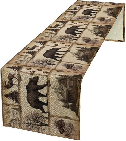 Rustic Cabin Table Runner, Retro Moose Cone Deer Bear Farmhouse Lodge Table Runner for Dinner Living Room Kitchen Vintage Country Cottage 13x120 Inch
