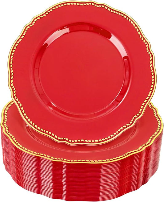 Hioasis 60pcs Red Plastic Plates - Red and Gold Disposable Dinnerware with Gold Rim, Heavy-duty, 7.5 inch, Dessert Plates for Party & Wedding