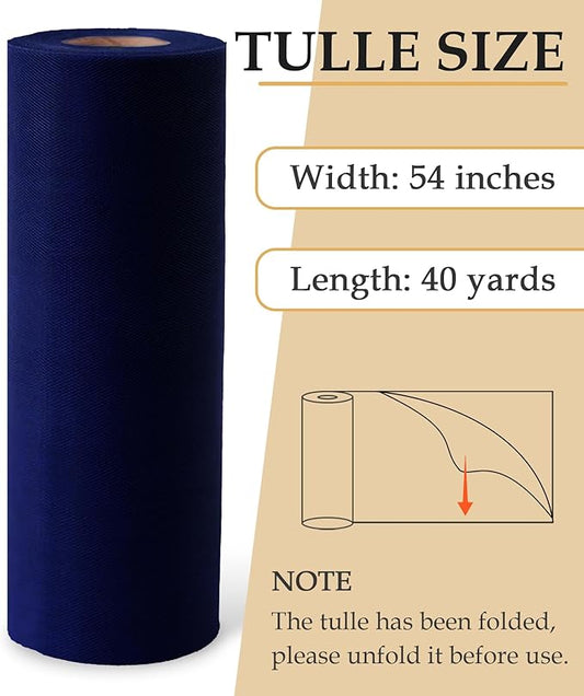 Navy Blue Tulle Fabric Roll, 54" x 40 Yards (120FT) Tulle for Wedding Decoration DIY Tutu Party Backdrop Baby Shower Table Skirts Gift Wrapping