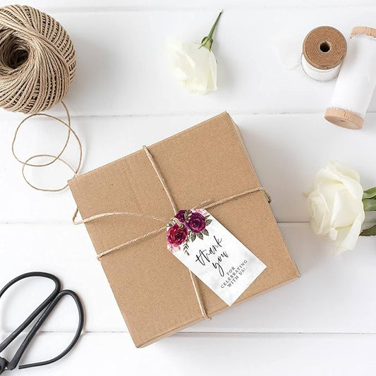 Andaz Press 100-Pack Thank You for Celebrating with Us Favor Tags Burgundy Florals Cardstock Gift Tags with Bakers Twine for Wedding Baby Shower Bridal Shower Birthday Party Favors 2 x 3.75-Inches