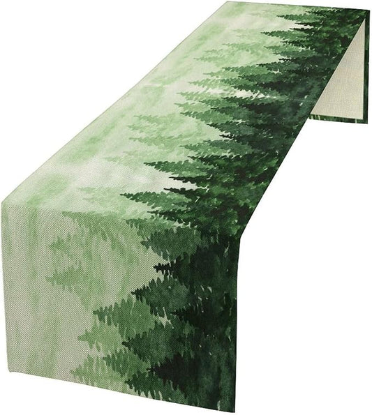 Foggy Forest Table Runner,Watercolor Wreen Misty Forest Landscape Table Runner for Kitchen Dining Table Home Party Decoration 13x36 Inch
