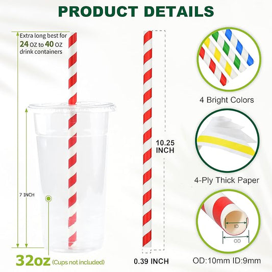 [10MM Wide] 10.25 Inch Extra Long Fat Sturdy Paper Drinking Straws for Smoothies, Milkshakes, Thick Frozen Drinks - 100 Counts, Colorful Stripes - Biodegradable