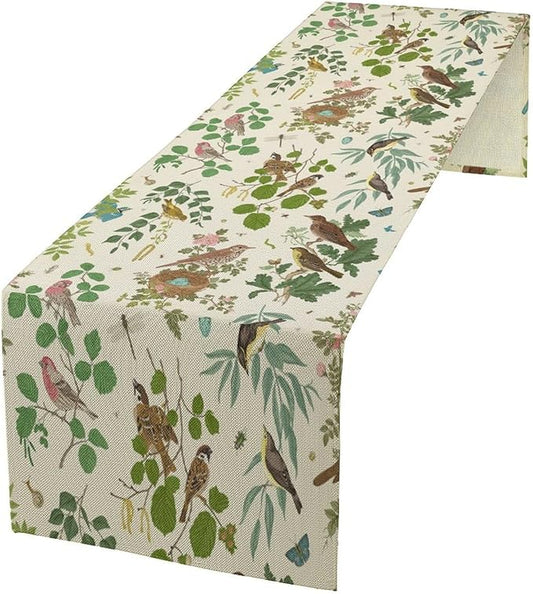 Vintage Bird Flower Table Runner Seasonal Spring Summer Garden Plants Farmhouse Country Kitchen Dining Table Decoration for Home Party Holiday 13"x70"