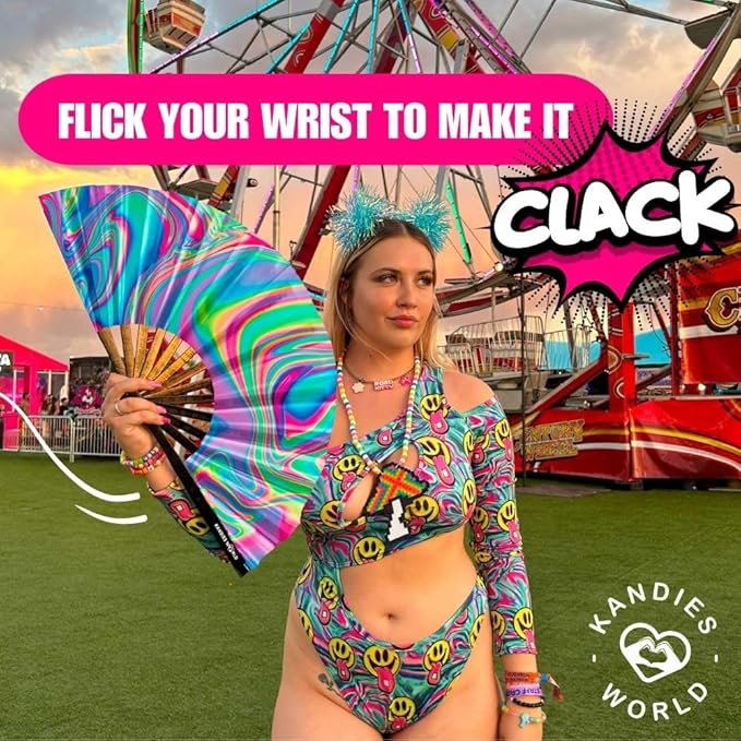 Kandies World UV Reactive Custom Festival Folding Hand Fan - Unique Designs, Made of Bamboo, Clacking Sound, Lightweight - Perfect Rave and Festival Accessory!