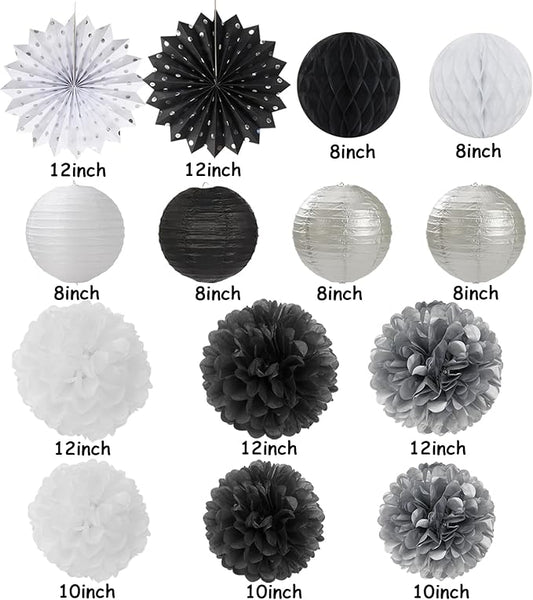 Black-White Silver Party-Decorations Paper-Lanterns - 14pcs New Years Streamers Fan,Tissue Pom Poms,Graduation Men Boys Birthday Wedding Baby Bridal Shower Decor Lasting Surprise
