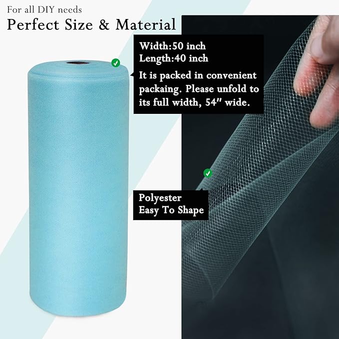 Light Blue Tulle Fabric Rolls 54 Inch by 40 Yards Tulle Bolt Spool for Wedding Decorations DIY Tutu Baby Shower Table Skirt Ceiling Decor Birthday Party Craft Supplies