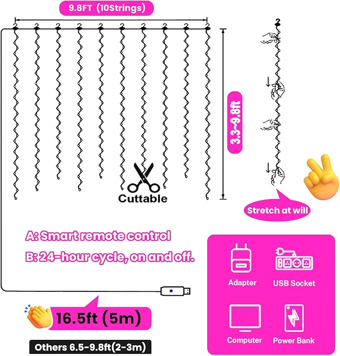 HXWEIYE 300LED Fairy Curtain Lights, 9.8x9.8Ft USB Plug-in 8 Modes Christmas String Hanging Lights with Remote for Bedroom Backdrop Wedding Party Indoor Wall Decor, Pink
