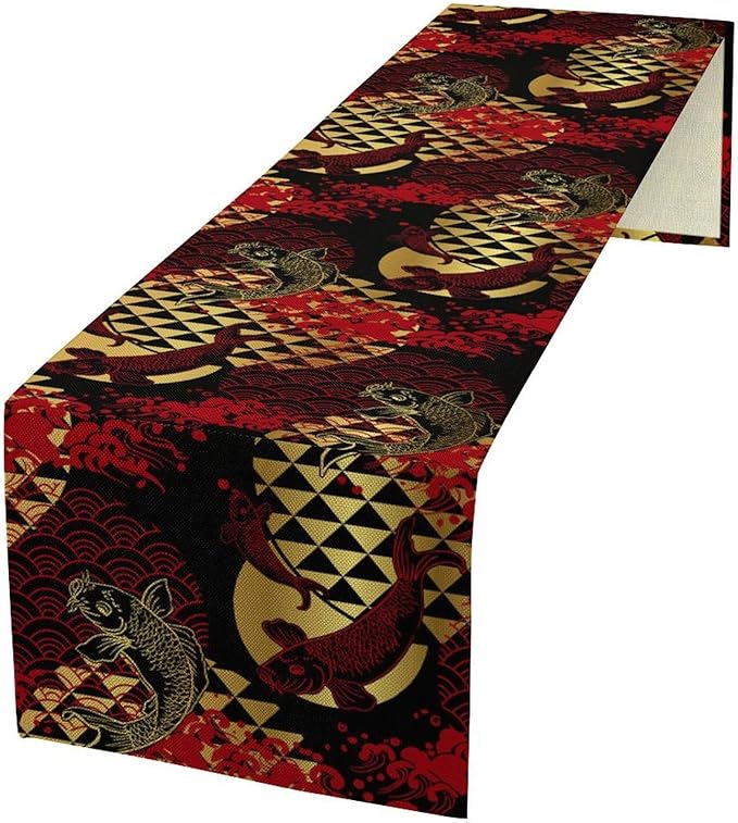 Japanese Table Runner Oriental Tradition Kio Fish Red Art Printed Burlap Runner Home Kitchen Dining Table Living Room Decor Fabric 1 Panel W13xL60in