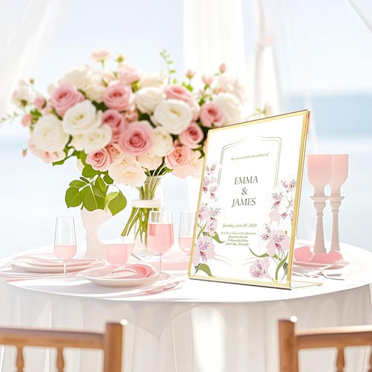 Acrylic Gold Frames 5 x7, Slanted Back Gold Picture Frames Table Acrylic Sign Holder for Photos Wedding Table Numbers and Art Display with Removable Clear Sticky Dots,3 Pack