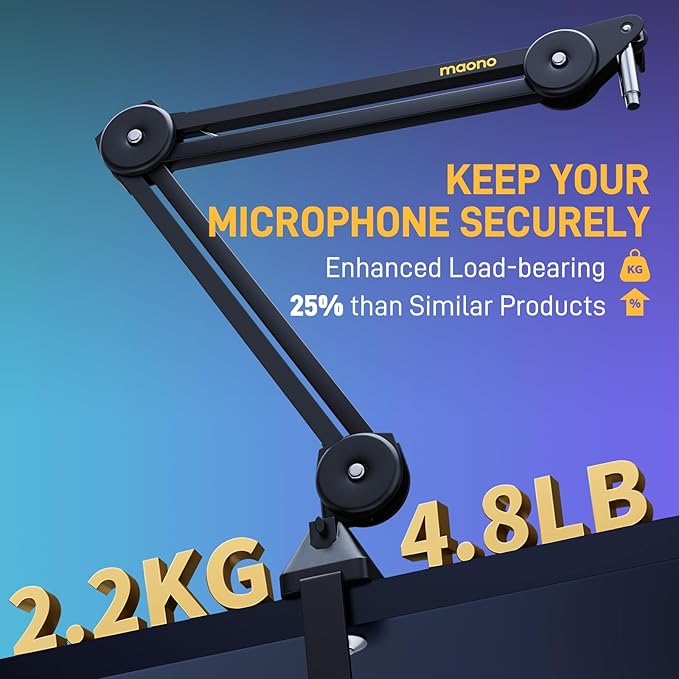 MAONO Microphone Boom Arm: Heavy Duty Adjustable Metal Suspension mic stand with Upgraded Desk Clamp and 3/8" to 5/8" Screw Adapter for Podcasting Recording Streaming Gaming - BA37