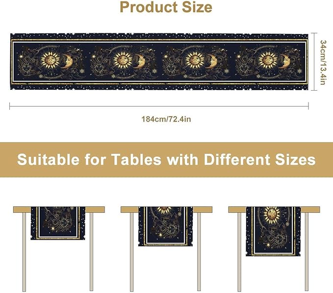 Sun Moon Table Runner, Seasonal Golden Sun Moon Holiday Kitchen Dining Table Runner for Kitchen Living Room Home Party Decor 13x60 Inch