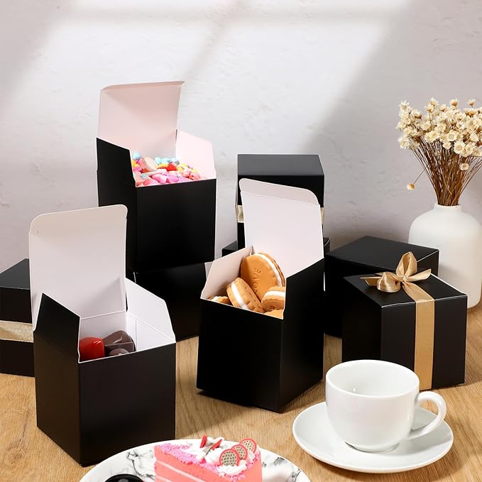 Jutom 100 Pcs Mini Favor Boxes Extra Small Candy Boxes Paper with Gold Ribbon for Christmas Thanksgiving Day Birthday Wedding Anniversary Supplies(3 x 3 x 3 Inch,Black)