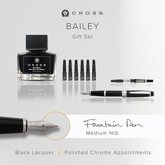 Cross Bailey Refillable Fountain Presented in a Premium Gift Box - Medium Point, Black Ink, Black