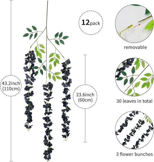 12 Pack Artificial Wisteria Hanging Flowers Fake Wisteria Flower Garland Silk Vines Rattan Decor for Home Wedding Arch Wall Garden Greenery Bedroom Outdoor Office Party Decoration (Black)