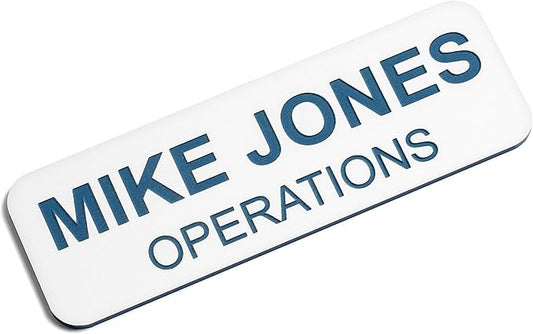 Custom Engraved Name Tag Badges – Personalized Identification with Pin or Magnetic Backing, 1 Inch x 3 Inches, White/Blue