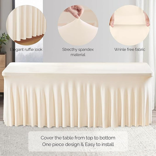 Wish Care 2 Pack Ivory Spandex Table Clothes for 4 Foot Rectangle Tables, 4FT Wrinkle Free Fitted Tablecloths Ruffles Design Table Cover for Party, Banquet, Wedding and Events