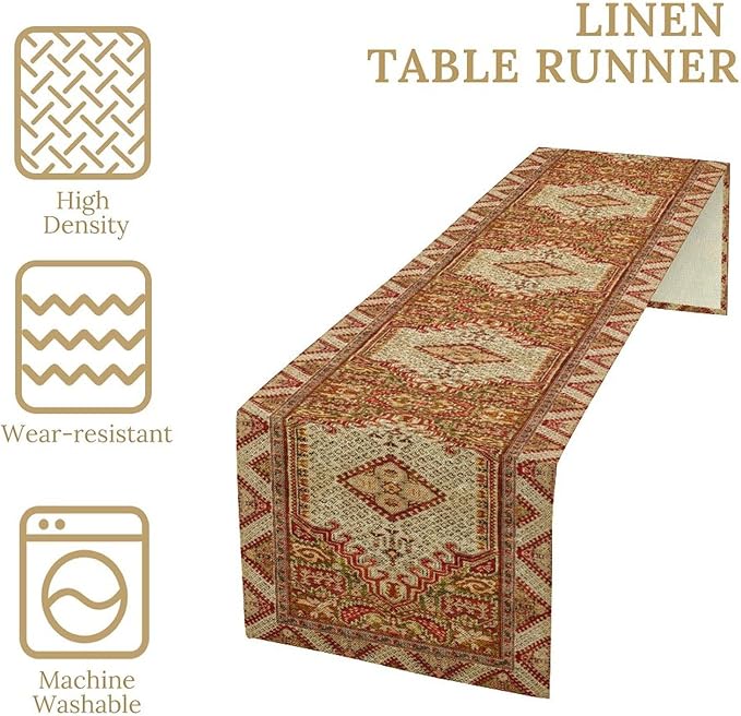 Boho Bohemia Style Orange Table Runner, Country Rustic Farmhouse Magical Abstract Print Pattern for Home Kitchen Table Decor Dining Coffee Room Garden Party Decor 13x72in