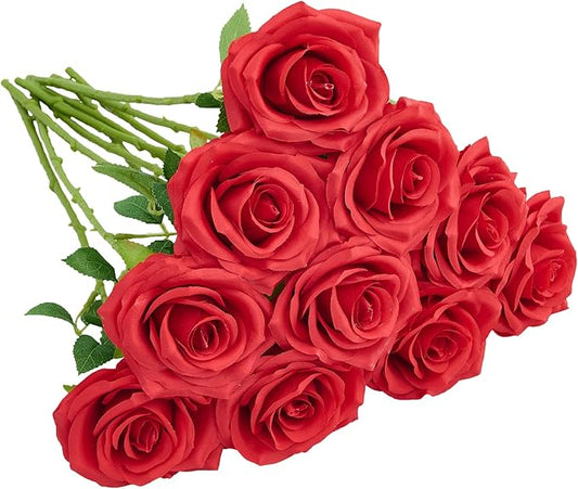 Artificial Rose 10pcs Red Silk Flower Faux Artificial Roses with Long Stems for Wedding Arrangement, Bridal Bouquet, Centerpiece, Fake Faux Silk Flowers