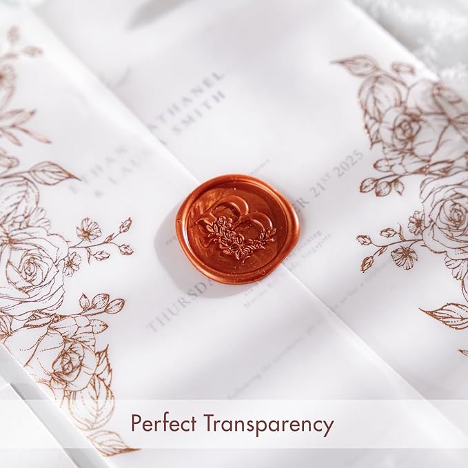50 Pack Pre-Folded Vellum Jackets For 5x7 Invitations,AZAZA Gorgeous Translucent Invitation Sleeves,115GSM Vellum Jackets 5x7, Wedding Invitation Accessories, For Weddings Birthdays,Rose Golden Roses