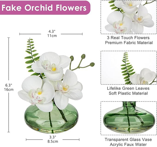 White Orchids Artificial Flowers Faux Orchids Arrangement in Light Green Glass Vases Set of 3 Real Touch Phalaenopsis Orchid Flowers Small Fake Orchid Centerpiece for Dining Room Table