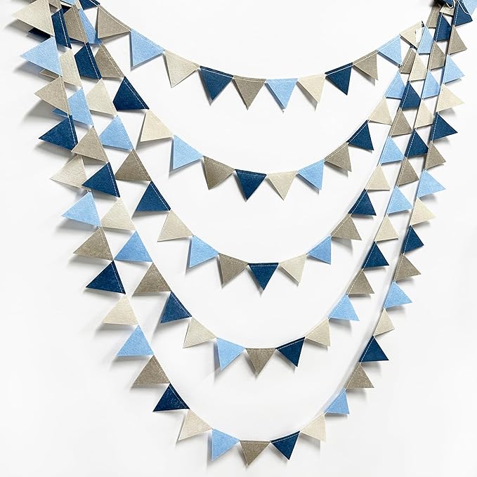 Dusty Blue Party Decoration Gray Blue Felt Hanging Triangle Mini Bunting Pennant Banner Flag for Baby Shower Birthday Wedding Nautical Ahoy Achor Bridal Shower Engagement Party Classroom Nursery Decor